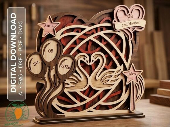 3D Wedding Swans Layered Laser Cut SVG