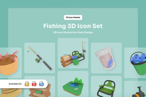 Fishing 3D Icon Set Nature Leisure Asset: Elevating Outdoor Branding