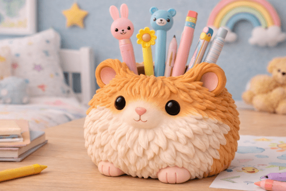 Fluffy Hamster Pen Holder Planter STL: A Kawaii Desk Organizer for 3D Printing