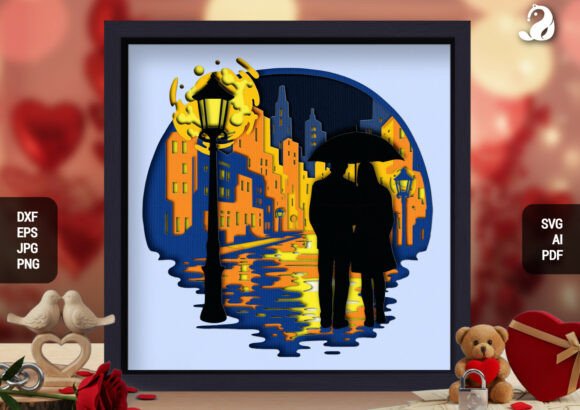 Rainy Night Cityscape Couple Shadowbox: A Modern 3D Art Experience