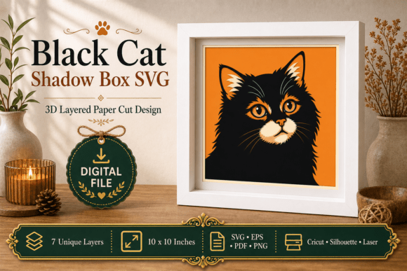 Transform Your Space with the Fluffy Black Cat Shadow Box SVG Design